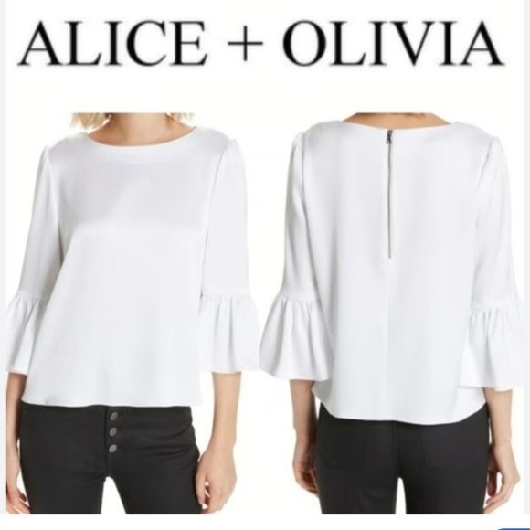 Alice + Olivia Off White Blouse Size XS New Tags Ruffle Sleeve Sateen